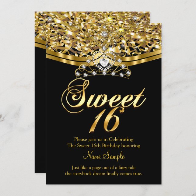 Sweet Sixteen 16 Birthday Party Glitter Gold Black Invitation (Front/Back)