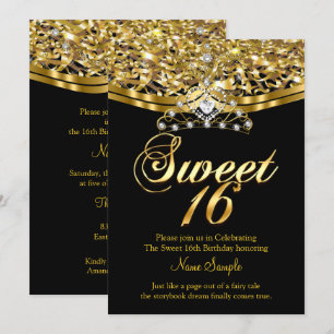 Sweet Sixteen 16 Birthday Party Glitter Gold Black Invitation