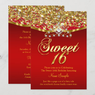 Sweet Sixteen 16 Birthday Party Glitter Red Gold  Invitation