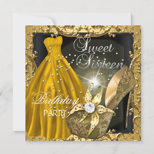 Sweet Sixteen 16  Birthday Party Gold Dress Gown Invitation (Front)