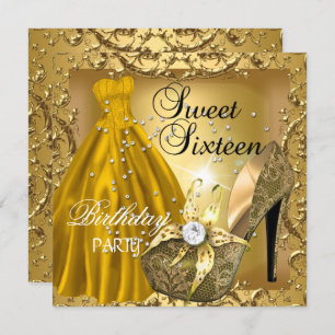 Sweet Sixteen 16  Birthday Party Gold Dress Gown Invitation
