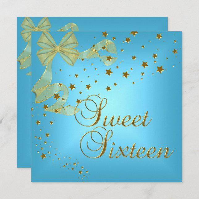 Sweet Sixteen 16 Birthday Party Gold Stars Blue Invitation (Front/Back)