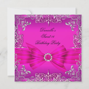 Sweet Sixteen 16 Birthday Party Hot Pink Silver Invitation