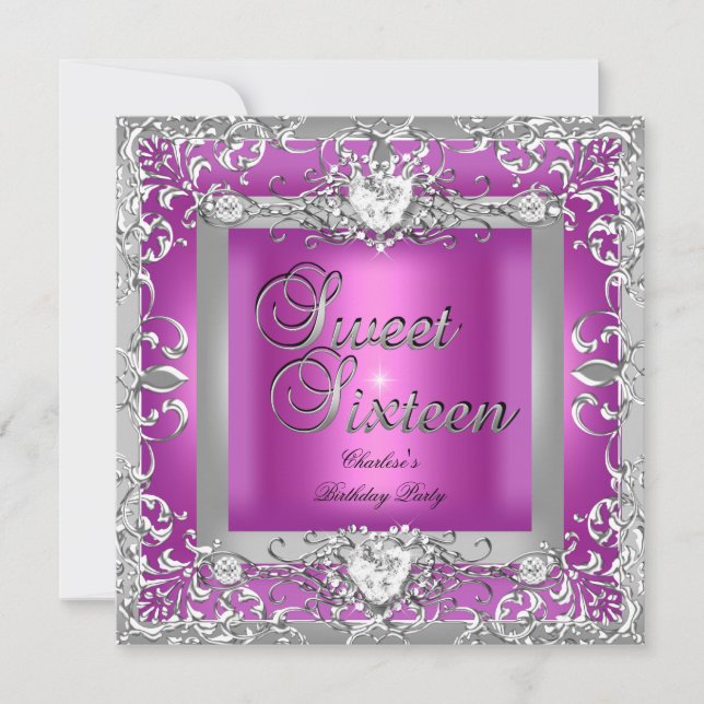 Sweet Sixteen 16 Birthday Party Hot Pink Silver Invitation (Front)