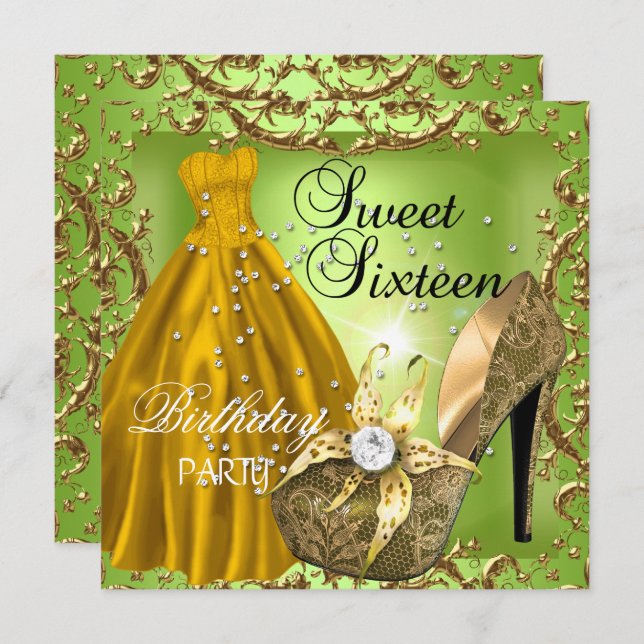 Sweet Sixteen 16  Birthday Party Lime Gold Dress Invitation (Front/Back)