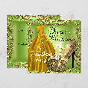Sweet Sixteen 16  Birthday Party Lime Gold Dress Invitation