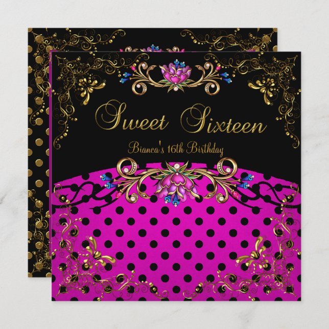Sweet Sixteen 16 Birthday Party Pink Black Gold Invitation (Front/Back)