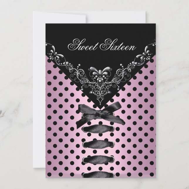 Sweet Sixteen 16 Birthday Party Pink Black Spot 3 Invitation (Front)