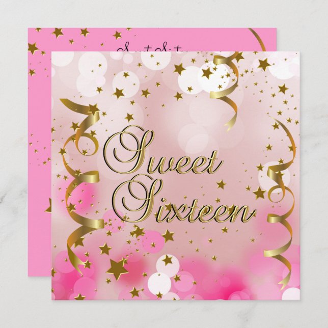 Sweet Sixteen 16 Birthday Party Pink Gold Stars Invitation (Front/Back)