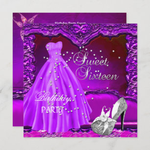 Sweet Sixteen 16 Birthday Party Purple Dress Gown Invitation