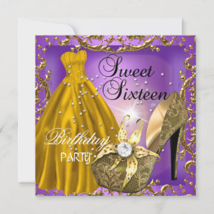 Sweet Sixteen 16  Birthday Party Purple Gold Dress Invitation