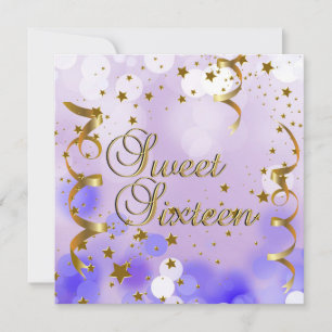 Sweet Sixteen 16 Birthday Party Purple Gold Stars Invitation