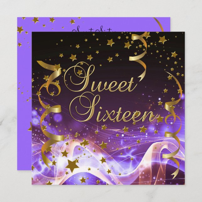 Sweet Sixteen 16 Birthday Party Purple Gold Stars Invitation (Front/Back)