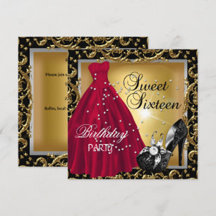 Sweet Sixteen 16  Birthday Party Red Gold Dress Invitation
