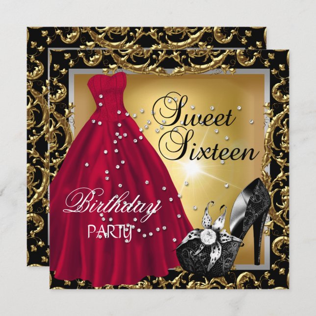 Sweet Sixteen 16  Birthday Party Red Gold Dress Invitation (Front/Back)