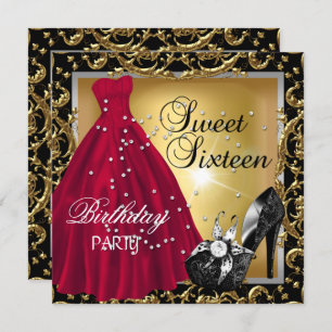 Sweet Sixteen 16 Birthday Party Red Gold Dress Invitation