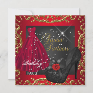 Sweet Sixteen 16  Birthday Party Red Gold Dress Invitation