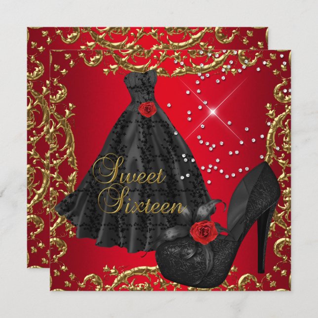Sweet Sixteen 16  Birthday Party Red Gold Dress Invitation (Front/Back)