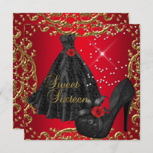 Sweet Sixteen 16  Birthday Party Red Gold Dress Invitation
