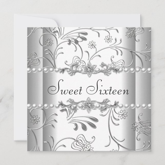 Sweet Sixteen 16 Birthday Party Silver White Pearl Invitation (Front)