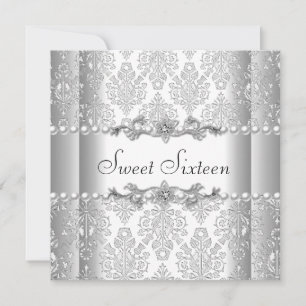 Sweet Sixteen 16 Birthday Party Silver White Pearl Invitation