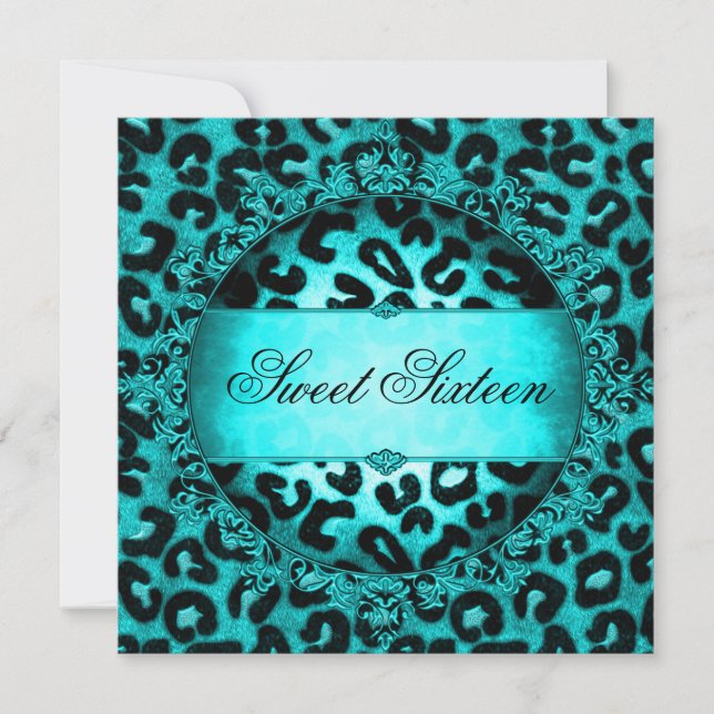 Sweet Sixteen 16 Birthday Party Teal Blue Leopard Invitation (Front)
