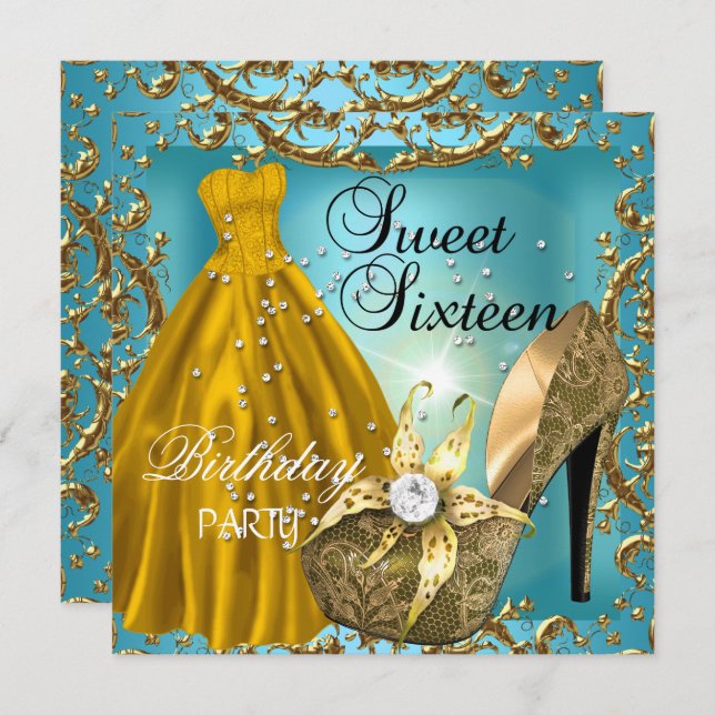 Sweet Sixteen 16  Birthday Party Teal Gold Dress Invitation (Front/Back)