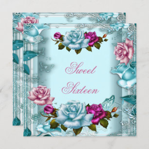 Sweet Sixteen 16 Birthday Party Teal Pink Roses 2 Invitation