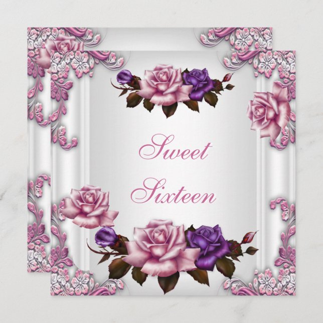 Sweet Sixteen 16 Birthday Party White Pink Roses Invitation (Front/Back)