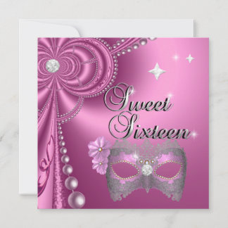 Sweet Sixteen 16 Birthday Pink Diamond Mask Silver Invitation