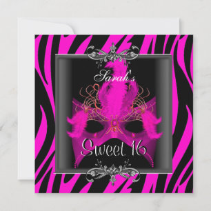 Sweet Sixteen 16 Birthday Pink Zebra Black Mask Invitation