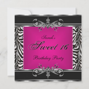 Sweet Sixteen 16 Birthday Pink Zebra Black Silver Invitation