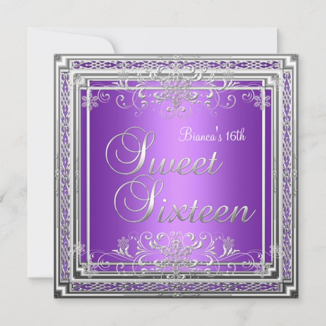 Sweet Sixteen 16 Birthday Purple Silver Teen Girl Invitation (Front)