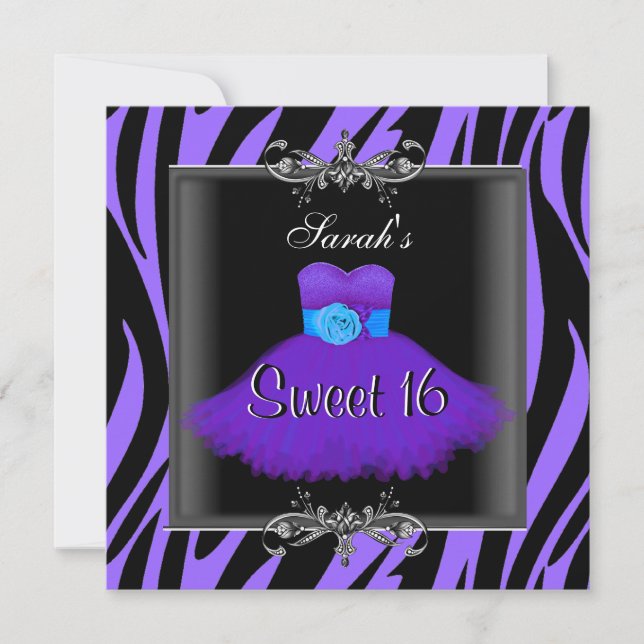 Sweet Sixteen 16 Birthday Purple Zebra Black Dress Invitation (Front)