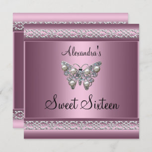 Sweet Sixteen 16 Birthday Satin Pink Butterfly Invitation