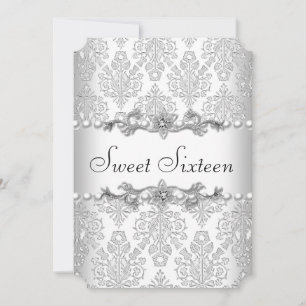 Sweet Sixteen 16 Birthday Silver White Pearl 2 Invitation