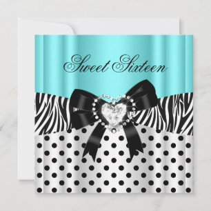 Sweet Sixteen 16 Birthday Teal Zebra Polka Dots 2 Invitation