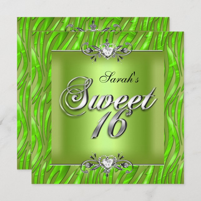 Sweet Sixteen 16 Birthday Zebra Lime Green Invitation (Front/Back)