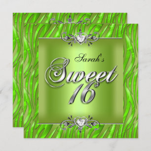 Sweet Sixteen 16 Birthday Zebra Lime Green Invitation