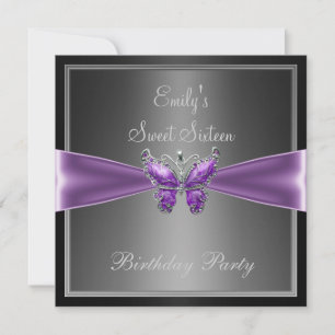Sweet Sixteen 16 Black Grey Purple Butterfly Birth Invitation