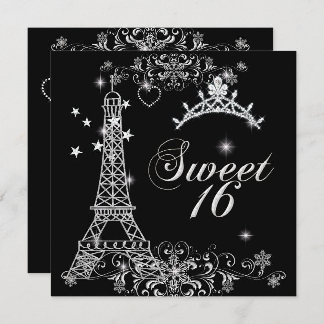 Sweet Sixteen 16 Black Silver Glitter Eiffel Tower Invitation (Front/Back)