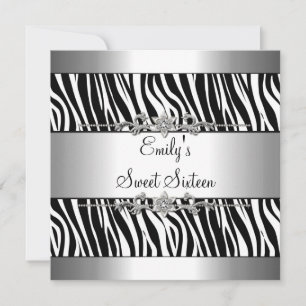 Sweet Sixteen 16 Black White Zebra Silver Birthday Invitation