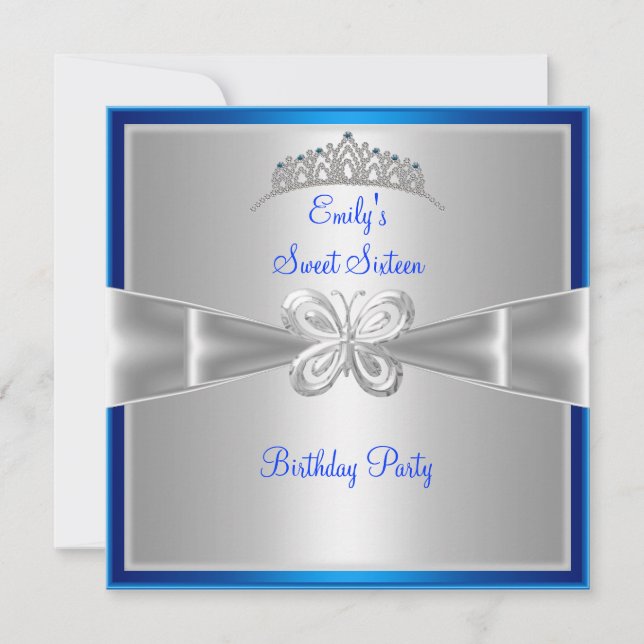 Sweet Sixteen 16 Blue Silver Tiara 3 Butterfly Invitation (Front)