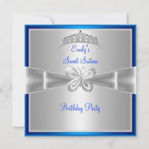 Sweet Sixteen 16 Blue Silver Tiara 3 Butterfly Invitation