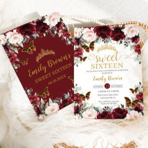 Sweet Sixteen 16 Burgundy Blush Floral Butterflies Invitation
