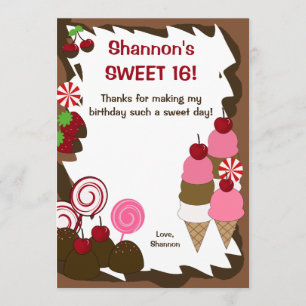 SWEET SIXTEEN 16 Candy Birthday FLAT THANK YOU Card