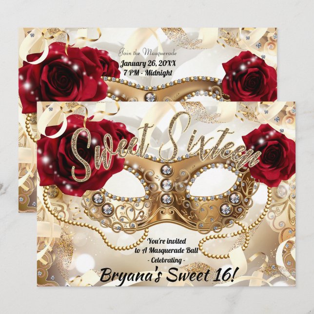 Sweet Sixteen 16 Cream Gold Masquerade Ball Party Invitation (Front/Back)