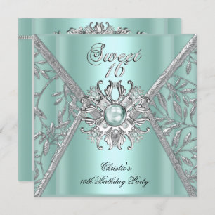 Sweet Sixteen 16 Damask Mint Blue White Silver Invitation