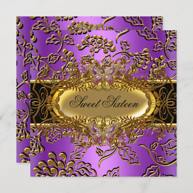 Sweet Sixteen 16 Damask Purple Gold Black Invitation (Front/Back)