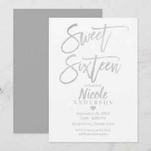 SWEET SIXTEEN 16 Elegant Silver Grey Foil Modern Invitation